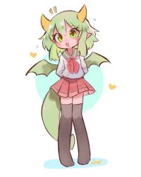 Rule 34 | 1girl, absurdres, alternate costume, arms behind back, black thighhighs, blush, ceroro, draco centauros, dragon girl, dragon horns, dragon tail, dragon wings, fang, full body, green eyes, green hair, heart, highres, horns, long sleeves, looking at viewer, neckerchief, open mouth, over-kneehighs, pointy ears, puyopuyo, red neckerchief, school uniform, serafuku, short hair, smile, solo, tail, thighhighs, wings