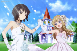 Rule 34 | 10s, 2015, 2girls, absurdres, asymmetrical clothes, bare shoulders, bell, black hair, blonde hair, blue eyes, blush, bridal veil, bride, brown eyes, brown hair, building, church, cloud, corsage, couple, day, dress, elbow gloves, eye contact, flower, funami yui, gloves, hair flower, hair ornament, hand on own chest, happy, highres, holding hands, interlocked fingers, jewelry, lily (flower), long hair, looking at another, married, megami magazine, miyanishi tamako, multiple girls, necklace, official art, open mouth, outdoors, petals, pink dress, rose, short hair, sidewalk, sky, sleeveless, sleeveless dress, smile, strapless, strapless dress, sunlight, toshinou kyouko, tree, veil, wedding dress, white dress, white flower, white gloves, white rose, wife and wife, yuri, yuru yuri