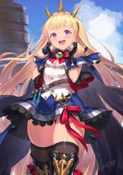 Rule 34 | 1girl, belt, black footwear, black thighhighs, blonde hair, blush, boots, breasts, cagliostro (dark) (granblue fantasy), cagliostro (granblue fantasy), capelet, cleavage, commentary, crown, day, gloves, granblue fantasy, grin, highres, long hair, looking at viewer, medium breasts, open mouth, purple eyes, skindentation, skirt, sky, smile, solo, thick thighs, thighhighs, thighs, very long hair, vial, yapo (croquis side)