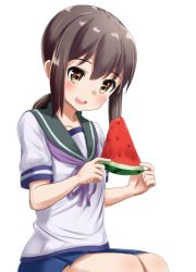 Rule 34 | 10s, 1girl, ame., blue skirt, brown hair, food, fruit, fubuki (kancolle), kantai collection, low ponytail, open mouth, pleated skirt, ponytail, school uniform, serafuku, short hair, short sleeves, simple background, skirt, solo, watermelon, white background