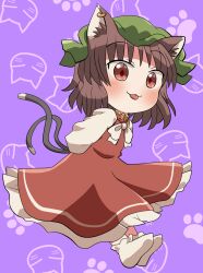 Rule 34 | 1girl, animal ears, arms behind back, blush, brown hair, cat ears, cat tail, chen, closed mouth, commentary, dress, earrings, full body, green hat, hat, highres, jewelry, long sleeves, mob cap, multiple tails, purple background, red dress, red eyes, rokugou daisuke, short hair, signature, single earring, smile, socks, solo, tail, tongue, tongue out, touhou, two tails, white socks