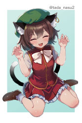 Rule 34 | 1girl, :d, animal ear fluff, animal ear piercing, animal ears, bow, bowtie, breasts, brown hair, cat ears, cat tail, chen, closed eyes, commentary request, earrings, fang, frills, full body, gold trim, green hat, hands up, happy, hat, highres, jewelry, looking at viewer, mob cap, multiple tails, nekomata, open mouth, petticoat, red skirt, red vest, short hair, short sleeves, single earring, sitting, skirt, skirt set, small breasts, smile, solo, tada no nasu, tail, touhou, two tails, vest, wariza, white bow, white bowtie