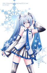 Rule 34 | 1girl, alternate color, atomy, blue eyes, detached sleeves, female focus, gradient hair, hatsune miku, long hair, multicolored hair, necktie, patterned, skirt, snowflakes, solo, thighhighs, twintails, vocaloid, white background, yuki miku, zettai ryouiki