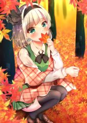 Rule 34 | 1girl, aqua eyes, autumn leaves, black bow, black bowtie, black hairband, black thighhighs, blurry, blurry foreground, bow, bowtie, brown footwear, collared shirt, forest, full body, green vest, grey hair, hairband, holding, holding leaf, konpaku youmu, leaf, long sleeves, looking at viewer, maple leaf, nature, outdoors, shirotsuki shirone, shirt, short hair, sitting, solo, thighhighs, touhou, tree, vest, white shirt