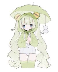 Rule 34 | 1girl, :&lt;, animal hood, blue eyes, bright pupils, chromatic aberration, closed mouth, commentary, cropped jacket, cropped legs, drawstring, drill hair, film grain, frog hood, gluteal fold, green hair, green jacket, green thighhighs, green umbrella, hair through hood, heart, heart in eye, highres, holding, holding umbrella, hood, hood up, hooded jacket, jacket, light blush, long hair, long sleeves, old school swimsuit, one-piece swimsuit, original, school swimsuit, simple background, solo, swimsuit, symbol in eye, teruterubouzu, thigh gap, thighhighs, twintails, umbrella, upa papa co, very long hair, white background, white one-piece swimsuit, white pupils