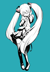 Rule 34 | 1girl, aqua background, closed eyes, face, hatsune miku, heebee, long hair, monochrome, necktie, skirt, solo, spot color, thighhighs, twintails, very long hair, vocaloid