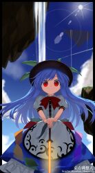 Rule 34 | 1girl, black headwear, blue hair, blue skirt, bow, bowtie, buttons, center frills, closed mouth, collared shirt, day, frilled skirt, frills, fruit hat ornament, hat ornament, highres, hinanawi tenshi, keiki8296, long hair, outdoors, peach hat ornament, puffy short sleeves, puffy sleeves, rainbow order, red bow, red bowtie, red eyes, scarlet weather rhapsody, shirt, short sleeves, skirt, smile, solo, sword, sword of hisou, touhou, weapon, white shirt