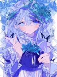 Rule 34 | 1girl, absurdres, blue eyes, blue hair, blue theme, blush, commentary, flower, frilled sleeves, frills, hair between eyes, halo, highres, holding, holding watering can, leaf, leaf on head, long hair, long sleeves, looking at viewer, omi (0mi wof), original, parted lips, smile, solo, symbol-only commentary, twitter username, upper body, watering can, white flower
