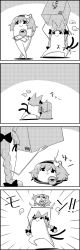 Rule 34 | 4koma, animal ears, arms up, bow, box, braid, carrying overhead, cat ears, cat tail, comic, commentary request, crossed arms, emphasis lines, greyscale, hair bow, hairband, heart, highres, holding, holding box, in box, in container, kaenbyou rin, komeiji satori, monochrome, multiple tails, tail, tani takeshi, third eye, touhou, translation request, tray, twin braids, yukkuri shiteitte ne