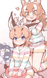 Rule 34 | 3girls, :3, absurdres, animal ear fluff, animal ears, blue eyes, blush, bow, caracal (kemono friends), commentary, extra ears, fang, grey wolf (kemono friends), hair bow, heterochromia, highres, japanese wolf (kemono friends), kemono friends, kemono friends 3, kneehighs, light brown hair, long hair, lying, matching outfits, multiple girls, official alternate costume, on side, pajamas, shorts, sitting, sleepover, slippers, socks, striped clothes, striped legwear, striped pajamas, striped shorts, striped socks, tail, tanaka kusao, wariza, wolf ears, wolf girl, wolf tail, yellow eyes