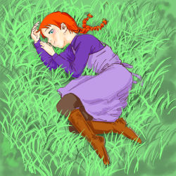 Rule 34 | 1girl, anne of green gables, anne shirley, blue eyes, blush, boots, braid, brown footwear, closed mouth, dress, eyebrows, eyelashes, female focus, full body, grass, knee boots, long hair, looking at viewer, lying, on grass, on side, outdoors, purple dress, red hair, smile, solo, twin braids, ygmt