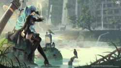 Rule 34 | 1girl, ahoge, ai-chan (playstation), aqua hair, arm at side, artist name, bird, black dress, black gloves, black thighhighs, blindfold, blurry, boots, breasts, character name, cleavage, cosplay, covered eyes, deer, dress, feather-trimmed sleeves, game console, gloves, grass, hand on own face, high heel boots, high heels, highres, huge weapon, katana, light particles, long hair, machinery, magic circle, medium breasts, nature, nier:automata, nier (series), official art, official wallpaper, outdoors, parted lips, plant, pod (nier:automata), pond, puffy sleeves, ripples, ruins, square enix, stone, stream, sword, thigh boots, thigh strap, thighhighs, thighhighs under boots, tree, turtleneck, twintails, very long hair, vofan, water, waterfall, watermark, weapon, weapon on back, 2b (nier:automata), 2b (nier:automata) (cosplay)