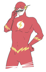 Rule 34 | 1boy, bodysuit, dc comics, facial hair, fake facial hair, fake mustache, flash (series), hand on own hip, lightning bolt symbol, male focus, mask, mustache, simple background, solo, the flash, wally west, white background