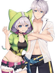 Rule 34 | 1boy, 1girl, absurdres, animal ears, animal hood, belt, belt buckle, black pants, black shirt, black shorts, blue eyes, breasts, buckle, claw pose, cleavage, closed mouth, collared shirt, commentary request, cropped jacket, crossed arms, cutoffs, double bun, dress shirt, fake animal ears, green jacket, green panties, grey hair, grin, hair between eyes, hair bun, hand up, highleg, highleg panties, highres, honkai (series), honkai impact 3rd, hood, hood up, hooded jacket, jacket, kevin kaslana, kiana kaslana, medium breasts, navel, open clothes, open jacket, panties, pants, pink belt, shirt, short shorts, short sleeves, shorts, simple background, smile, tied shirt, underwear, ura (hamburg oniku), white background, white shirt