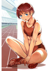 Rule 34 | 1girl, abs, bare shoulders, blue eyes, blush, crop top, artistic error, crossed legs, navel, no socks, open mouth, original, red hair, running track, shoes, short hair, short shorts, shorts, sitting, sneakers, solo, sports bikini, track and field, track uniform, twinpoo
