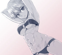 Rule 34 | 1girl, :&lt;, abs, armpits, arms up, bikini, breasts, female focus, gradient background, laura toth, liar lawyer, looking at viewer, monochrome, muscular, muscular female, navel, o-ring, o-ring bottom, o-ring top, short hair, solo, strike witches, strike witches: katayoku no majo-tachi, swimsuit, underboob, world witches series
