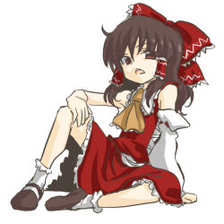 Rule 34 | 1girl, ascot, bad id, bad pixiv id, bare shoulders, blush, bobby socks, bow, brown eyes, brown hair, detached sleeves, female focus, full body, hair bow, hakurei reimu, long sleeves, looking at viewer, mary janes, niji (nijioki), red bow, shoes, simple background, socks, solo, spread legs, touhou, white background