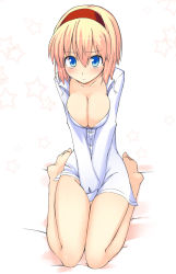 Rule 34 | 1girl, alice margatroid, barefoot, between legs, between thighs, blonde hair, blue eyes, blush, bottomless, breasts, breasts squeezed together, cleavage, covering crotch, covering privates, dress shirt, female focus, frown, hairband, hand between legs, naked shirt, no bra, shirt, short hair, sitting, solo, star (symbol), touhou, uro (urotanc), v arms, wariza