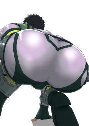 Rule 34 | 1boy, absurdres, ass, ass focus, bara, black hair, bodysuit, bulge, dotsu (wtnbkwiyd), foot out of frame, from behind, from below, highres, kyoichi (live a hero), live a hero, male focus, shiny clothes, short hair, solo, squatting, taut clothes, tight clothes, white bodysuit