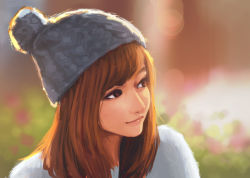 Rule 34 | 1girl, beanie, blurry, blurry background, brown eyes, brown hair, closed mouth, commentary, depth of field, hat, highres, jungon kim, lens flare, lips, medium hair, original, pink lips, realistic, smile, solo, swept bangs, upper body