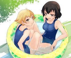 Rule 34 | 10s, 2girls, abenattou, blonde hair, blue one-piece swimsuit, breasts, brown eyes, brown hair, caesar (girls und panzer), day, erwin (girls und panzer), full body, girls und panzer, looking at viewer, looking back, medium breasts, multiple girls, one-piece swimsuit, open mouth, outdoors, parted lips, pointy hair, pool, school swimsuit, short hair, sitting, swimsuit, wading, wading pool, wet, wet clothes, wet swimsuit