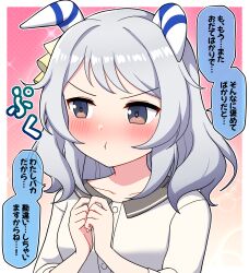 Rule 34 | 1girl, alternate costume, animal ears, averting eyes, breasts, brown eyes, casual, clenched hands, closed mouth, collarbone, commentary request, grey hair, hair ornament, highres, hishi miracle (umamusume), horse ears, horse girl, medium breasts, medium hair, own hands together, pink background, pout, sparkle, takiki, translation request, umamusume