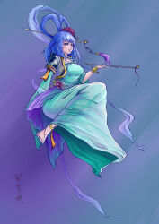 Rule 34 | 1girl, absurdres, adapted costume, anklet, barefoot, blue background, blue dress, blue hair, blue nails, bracelet, brown eyes, chongtian yixiao shualuanfei, dress, flower, full body, hair flower, hair ornament, hair stick, highres, jewelry, kaku seiga, kiseru, looking at viewer, looking down, nail polish, necklace, ofuda, shawl, simple background, smoking pipe, solo, toenail polish, toenails, touhou