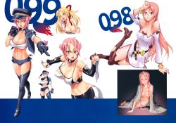 Rule 34 | 3girls, absurdres, blonde hair, blue eyes, breasts, cleavage, dagger, fay hound, female focus, fire fire fire, garter straps, hair between eyes, hat, hat tip, highres, huge filesize, knife, large breasts, long hair, misa hound, multiple girls, nude, official art, peaked cap, pink hair, ribbon, satou shouji, shirt, short hair, short shorts, shorts, simple background, smile, sports bra, standing, thighhighs, torn clothes, weapon, wide hips, yellow eyes
