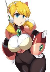 Rule 34 | 1girl, :o, alia (mega man), android, armor, blonde hair, blue eyes, bodysuit, breasts, capcom, gloves, hands on own hips, highres, kotatuman dash, large breasts, leaning forward, mega man (series), mega man x (series), pink armor, robot, robot ears, solo, standing, thick thighs, thighs, white background, white gloves, wide hips