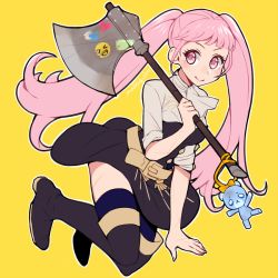 Rule 34 | 1girl, artist name, axe, belt, blue nails, blue thighhighs, blunt bangs, boots, breasts, closed mouth, do m kaeru, emoji, female focus, fire emblem, fire emblem: three houses, full body, garreg mach monastery uniform, hilda valentine goneril, holding, holding axe, holding weapon, knee boots, long hair, matching hair/eyes, medium breasts, nail polish, nintendo, pink eyes, pink hair, pink nails, short sleeves, simple background, sleeves rolled up, smile, solo, thighhighs, thighs, twintails, uniform, weapon, yellow background, zettai ryouiki
