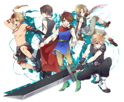 Rule 34 | 00s, 1990s (style), 5boys, alternate costume, amano yoshitaka design, blonde hair, blue eyes, boots, brown hair, buster sword, bartz klauser, cape, cloud strife, dagger, dissidia 012 final fantasy, dissidia final fantasy, final fantasy, final fantasy ix, final fantasy v, final fantasy vii, final fantasy viii, final fantasy x, gloves, jewelry, knife, male focus, multiple boys, necklace, open mouth, ponytail, retro artstyle, shorts, siempre, spiked hair, squall leonhart, sword, tidus, topless male, weapon, zidane tribal