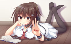 Rule 34 | 1girl, arm support, black choker, black pantyhose, blush, book, breasts, brown eyes, brown hair, choker, closed mouth, commentary request, commission, dress shirt, drop shadow, eyelashes, eyes visible through hair, feet, fingernails, frilled sleeves, frills, full body, hair between eyes, hair ornament, hairclip, hand up, highres, indoors, knees apart feet together, korokoro cat, large breasts, long hair, looking at viewer, lying, minakami yuki, miniskirt, necktie, no shoes, on stomach, open book, open hand, pantyhose, pleated skirt, ponytail, red necktie, school uniform, shirt, short sleeves, skeb commission, skirt, smile, solo, subarashiki hibi, the pose, translated, white shirt, white skirt