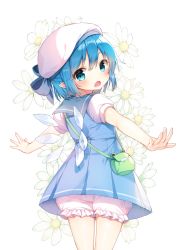 Rule 34 | 1girl, :o, adapted costume, bad id, bad twitter id, beret, bloomers, blue bow, blue eyes, blue hair, blush, bow, cirno, cowboy shot, daisy, floral background, flower, from behind, glasses, hair bow, hat, ice, ice wings, looking at viewer, looking back, matching hair/eyes, open mouth, outstretched arms, pointy ears, pouch, puffy short sleeves, puffy sleeves, sailor collar, shnva, short sleeves, simple background, solo, spread arms, standing, touhou, underwear, unworn eyewear, white background, white hat, wings