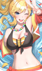 Rule 34 | 1girl, absurdres, ban (puka 0507), bead necklace, beads, bikini, blonde hair, blue eyes, blush, breasts, cleavage, commentary request, front-tie bikini top, front-tie top, highres, idolmaster, idolmaster cinderella girls, idolmaster cinderella girls starlight stage, jacket, jewelry, long hair, looking at viewer, lying, medium breasts, navel, necklace, ohtsuki yui, on back, one eye closed, open clothes, open jacket, open mouth, ponytail, smile, solo, star (symbol), swimsuit, upper body, v, wavy hair