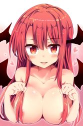 Rule 34 | 1girl, blush, breasts, collarbone, demon girl, gradient background, hair censor, head wings, heart, highres, koakuma, large breasts, long hair, looking at viewer, maturiuta sorato, nude, pink background, red eyes, red hair, revision, smile, solo, touhou, upper body, white background, wings