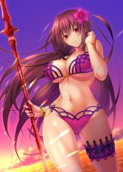 Rule 34 | 1girl, alternate costume, bikini, bracelet, breasts, emanon123, fate/grand order, fate (series), flower, gae bolg (fate), hair flower, hair intakes, hair ornament, hand in own hair, hibiscus, highres, holding, holding weapon, jewelry, kunai, large breasts, bridal garter, looking at viewer, nail polish, navel, ocean, outdoors, parted lips, pink bikini, purple bikini, purple hair, red eyes, scathach (fate), scathach (fate), scathach (swimsuit assassin) (fate), smile, solo, sunset, swimsuit, weapon