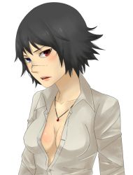 Rule 34 | 00s, 1girl, bad id, bad pixiv id, black hair, blush, capcom, chest blush, devil may cry (series), heterochromia, jewelry, lady (devil may cry), necklace, open clothes, open shirt, sasakure, scar, scar on face, scar on nose, shirt, short hair, solo