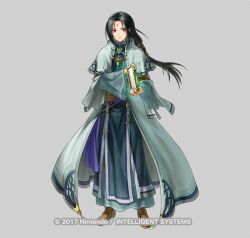 Rule 34 | 1boy, black hair, black robe, book, boots, brown footwear, coat, commentary request, fire emblem, fire emblem: radiant dawn, fire emblem heroes, full body, grey background, holding, holding book, kita senri, long hair, long sleeves, male focus, nintendo, official alternate costume, official art, open clothes, open coat, red eyes, robe, simple background, solo, soren (fire emblem), standing, very long hair, white coat, wide sleeves