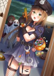 Rule 34 | 1girl, angry, blue dress, blurry, blush, brown hair, depth of field, dress, garter belt, garter straps, gloves, green eyes, gun, halloween, halloween costume, hat, highres, holding, holding gun, holding weapon, indoors, long hair, looking at viewer, open mouth, original, peaked cap, police, police hat, police uniform, short sleeves, solo, standing, thighhighs, two-handed, uniform, unjem, very long hair, weapon