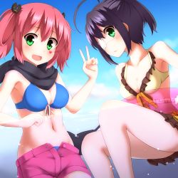 Rule 34 | 10s, 2girls, bikini, black hair, blush, breasts, chuunibyou demo koi ga shitai!, cleavage, eyepatch, faubynet, frilled bikini, frills, front-tie top, green eyes, hair rings, highres, innertube, looking at viewer, md5 mismatch, medium breasts, multiple girls, one side up, open fly, open mouth, partially submerged, pink hair, scarf, shichimiya satone, short hair, shorts, side ponytail, swim ring, swimsuit, takanashi rikka, twintails, unzipped, v