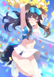 Rule 34 | 1girl, animal ears, armpits, arms up, blue archive, blue skirt, blunt bangs, blush, breasts, cheerleader, confetti, crop top, dog ears, dog girl, dog tail, goggles, goggles on head, halo, hibiki (blue archive), hibiki (cheer squad) (blue archive), highres, holding, holding pom poms, large breasts, long hair, looking at viewer, millennium cheerleader outfit (blue archive), miniskirt, mitabi tsukasa, navel, official alternate costume, open mouth, pom pom (cheerleading), pom poms, shoes, sidelocks, skirt, sneakers, solo, stomach, tail, white footwear, white skirt, yellow halo