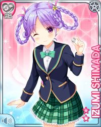 Rule 34 | 1girl, arm up, blue background, bow, braid, character name, closed eye, closed mouth, coin, feathers, flower, girlfriend (kari), green bow, hair flower, hair ornament, hair ribbon, handkerchief, holding, holding coin, looking at viewer, official art, pink background, plaid, plaid skirt, purple eyes, purple hair, qp:flapper, ribbon, school uniform, shimada izumi, skirt, solo, tagme
