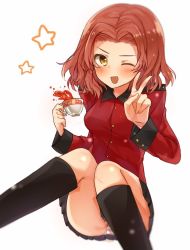 Rule 34 | 10s, 1girl, ;d, bad id, bad twitter id, black footwear, black skirt, blurry, blush, boots, brown eyes, commentary request, cup, epaulettes, girls und panzer, holding, holding cup, invisible chair, jacket, knee boots, koretsuna, long sleeves, looking at viewer, military, military uniform, miniskirt, one eye closed, open mouth, panties, pantyshot, pink panties, pleated skirt, red hair, red jacket, rosehip (girls und panzer), short hair, simple background, sitting, skirt, smile, spilling, st. gloriana&#039;s military uniform, star (symbol), striped clothes, striped panties, tea, teacup, underwear, uniform, v, white background