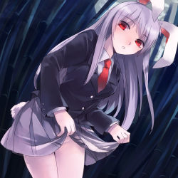 Rule 34 | 1girl, 74 (teduka), animal ears, bamboo, bamboo forest, blazer, clothes lift, dress shirt, female focus, forest, groin, highres, jacket, long hair, looking at viewer, nature, necktie, no panties, pleated skirt, rabbit ears, red necktie, reisen udongein inaba, shirt, skirt, skirt lift, solo, touhou
