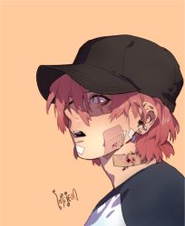 Rule 34 | 1boy, bandaid, bandaid on cheek, bandaid on face, bandaid on neck, baseball cap, black hat, blood, deep wound, from side, hair between eyes, hat, injury, male focus, medium hair, open mouth, original, parted lips, pigeon666, pink hair, shirt, signature, simple background, solo, yellow background, yellow eyes