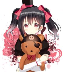 Rule 34 | 10s, 1girl, black hair, bow, hugging doll, eyepatch, hair bow, hat, heart, heart eyepatch, highres, looking at viewer, love live!, love live! school idol project, md5 mismatch, hugging object, red eyes, ryoutan, short hair, smile, solo, stuffed animal, stuffed toy, teddy bear, twintails, yazawa nico
