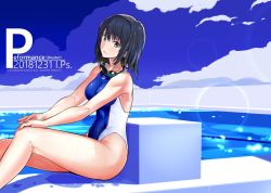 Rule 34 | 1girl, barefoot, black hair, blue eyes, blue sky, breasts, cloud, commentary request, competition swimsuit, day, feet out of frame, goggles, goggles around neck, hands on own knees, highleg, highleg swimsuit, lens flare, looking at viewer, medium breasts, one-piece swimsuit, original, outdoors, pool, sakuraidai, short hair, sitting, sky, solo, starting block, swimsuit, two-tone swimsuit, wet, wet clothes, wet swimsuit