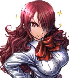 Rule 34 | 1girl, amania orz, atlus, breasts, doyagao, from above, hair over one eye, kirijou mitsuru, long hair, looking at viewer, medium breasts, persona, persona 3, red eyes, red hair, school uniform, sega, shiny clothes, smile, smug, solo, sparkle, wavy hair, white background