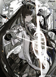 Rule 34 | 1girl, absurdly long hair, arknights, artist name, ascot, belt, belt buckle, belt pouch, blunt bangs, bow (music), broken halo, buckle, cello, cheon, chinese commentary, collared jacket, commentary request, dark halo, detached wings, dress shirt, energy wings, garter straps, gloves, halo, hands up, highres, hime cut, holding, holding bow (music), holding instrument, holding violin, instrument, jacket, long hair, looking at viewer, mole, mole under eye, monochrome, music, musical note, parted lips, playing, playing instrument, pouch, shirt, short-sleeved jacket, short sleeves, sidelocks, signature, skirt, smile, solo, spot color, standing, thighhighs, very long hair, violin, virtuosa (arknights), weibo logo, weibo username, wide sleeves, wings