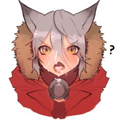 Rule 34 | 1girl, ?, animal ears, arknights, cum, cum in mouth, cum on tongue, facial, fur-trimmed hood, fur trim, grey hair, hair between eyes, hood, hooded jacket, jacket, looking at viewer, mask, mask around neck, portrait, projekt red (arknights), red jacket, sameusa, solo, v-shaped eyebrows, wolf ears, wolf girl, yellow eyes